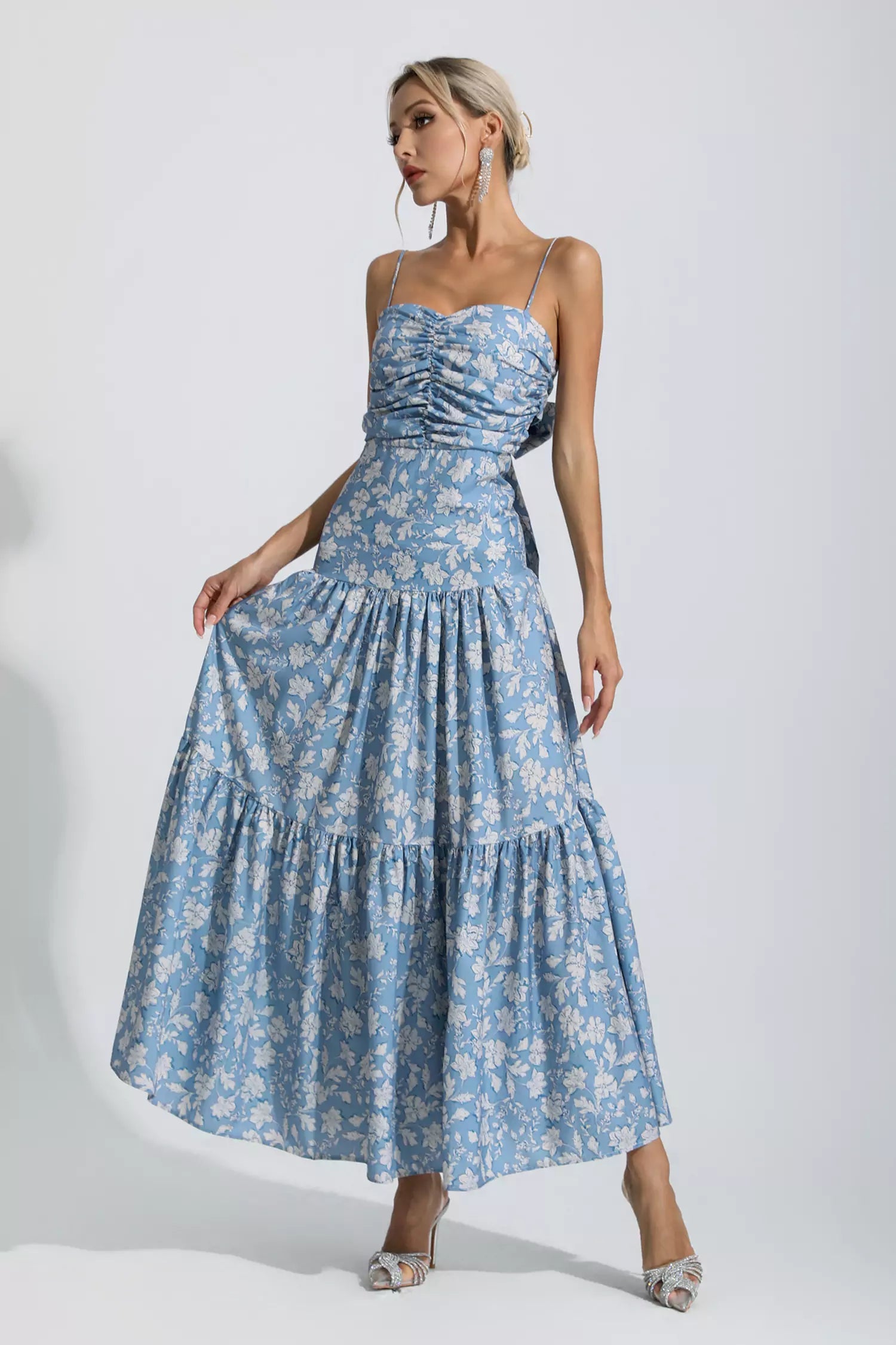 Lyra Blue Floral Ruched Slip Maxi Dress