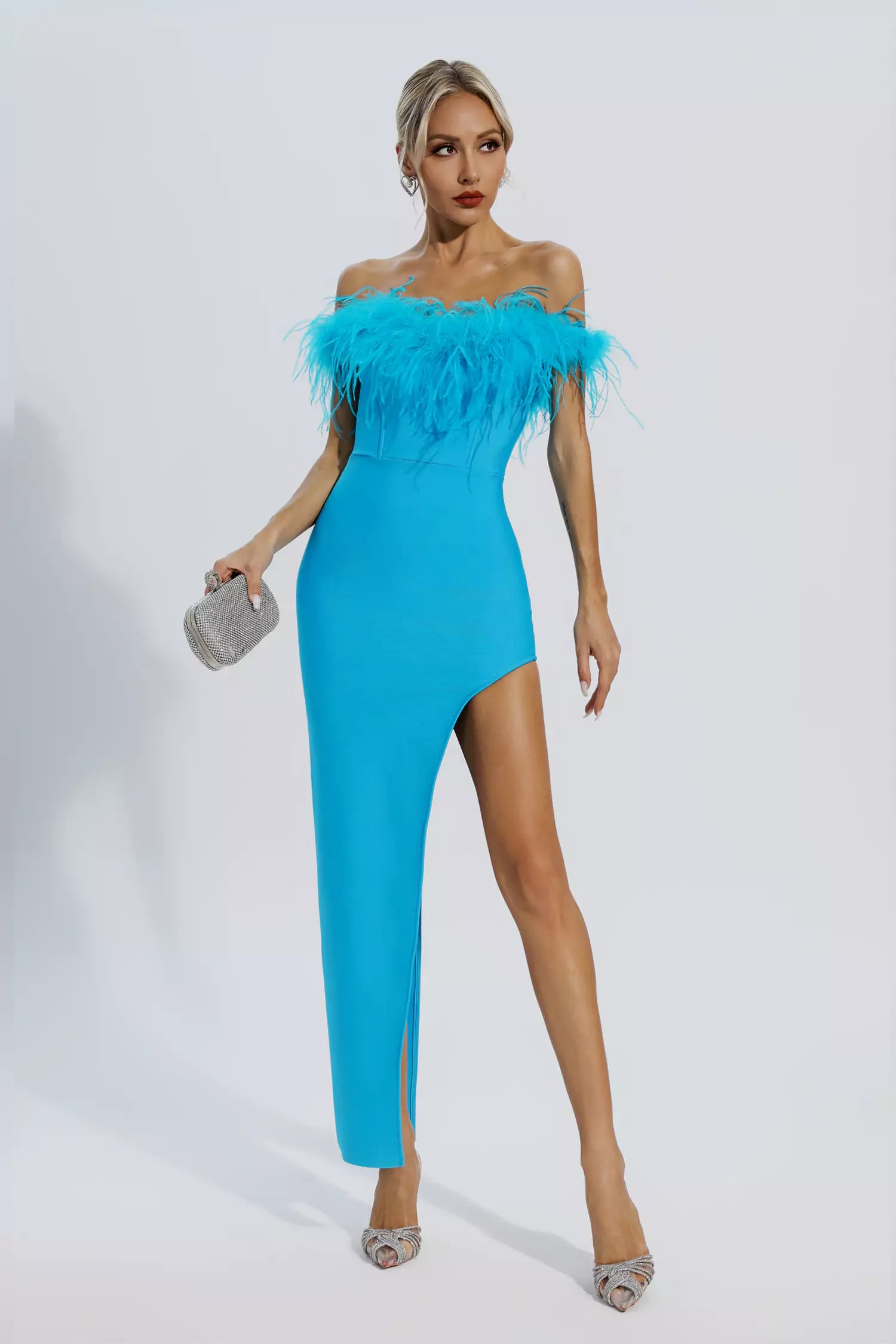 Mara Blue Ostrich Feather Bandage Dress