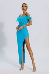 Mara Blue Ostrich Feather Bandage Dress