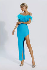 Mara Blue Ostrich Feather Bandage Dress