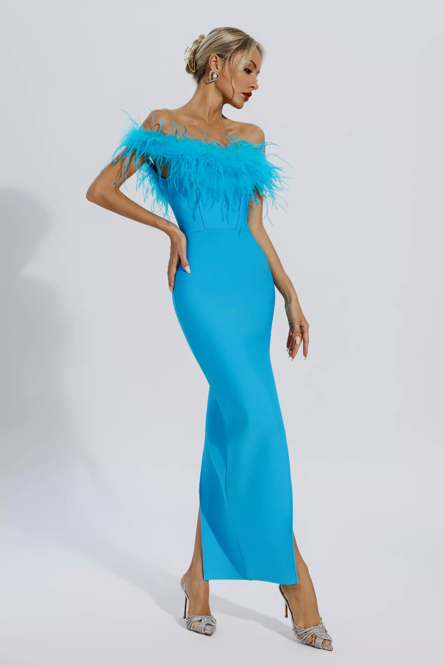 Mara Blue Ostrich Feather Bandage Dress