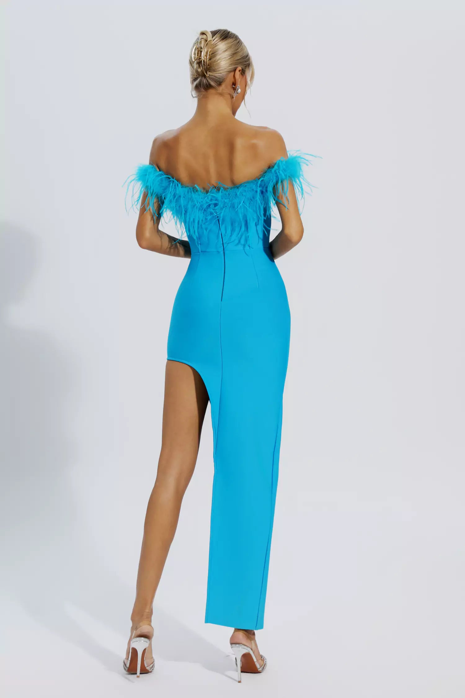 Mara Blue Ostrich Feather Bandage Dress