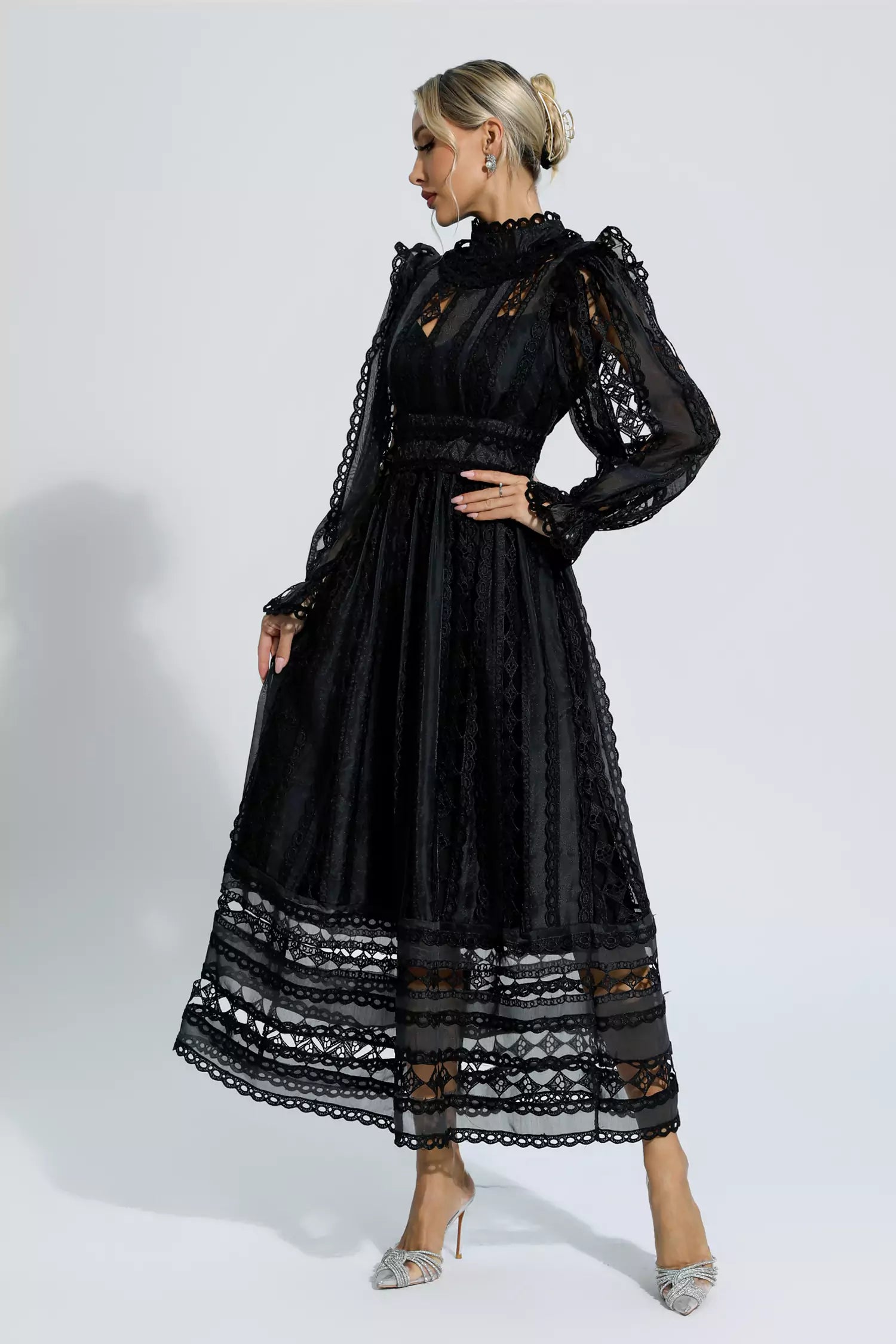 Mariam Black Hollow Lace Long Sleeve Dress