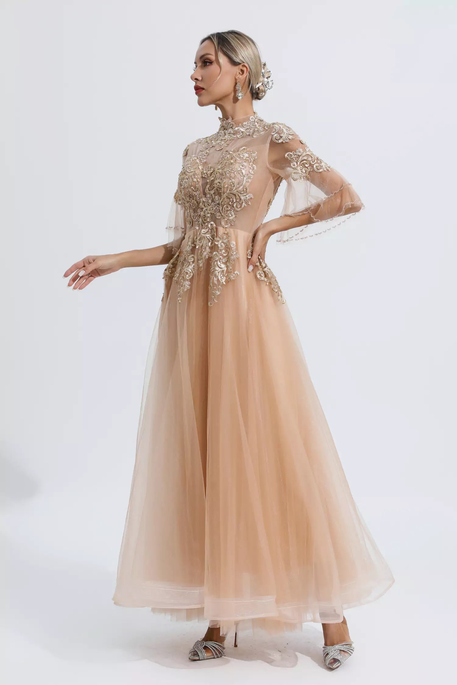 Marina Gold Embroidered Mesh Maxi Dress