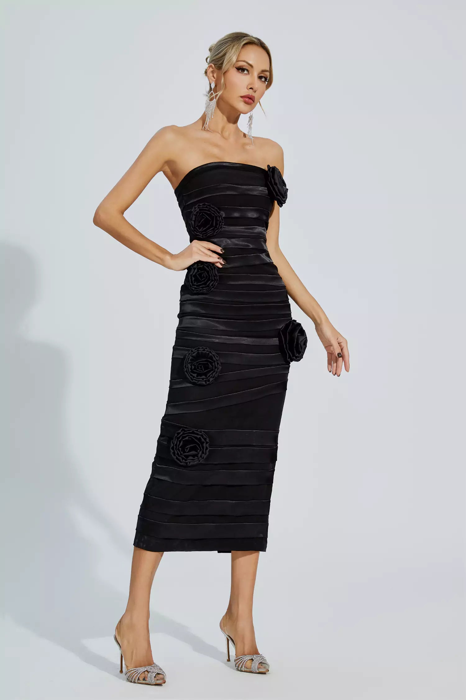 Mavis Black Floral Strapless Evening Dress