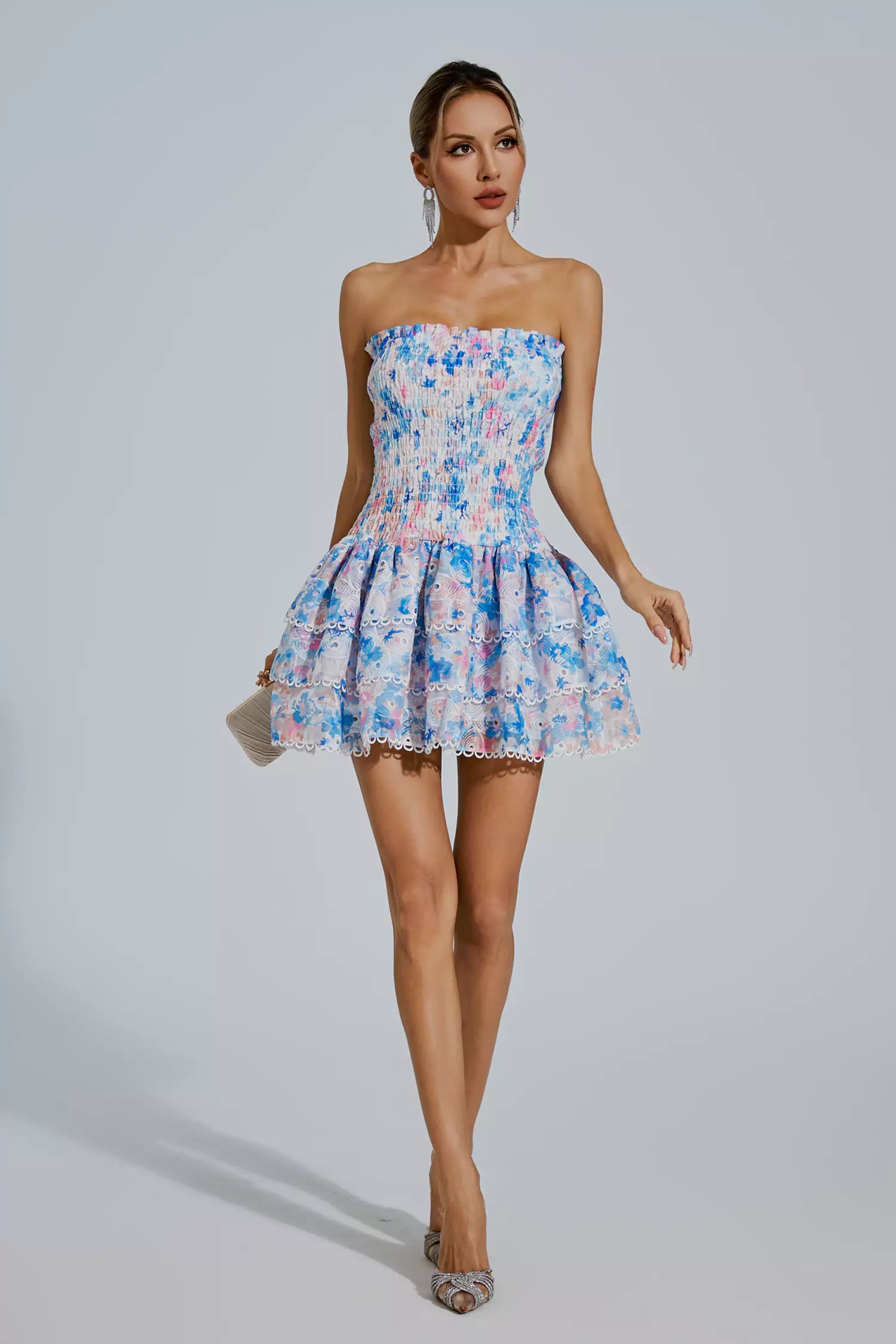 Mercy Blue Floral Ruched Mini Dress