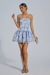 Mercy Blue Floral Ruched Mini Dress