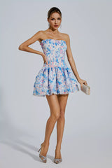 Mercy Blue Floral Ruched Mini Dress