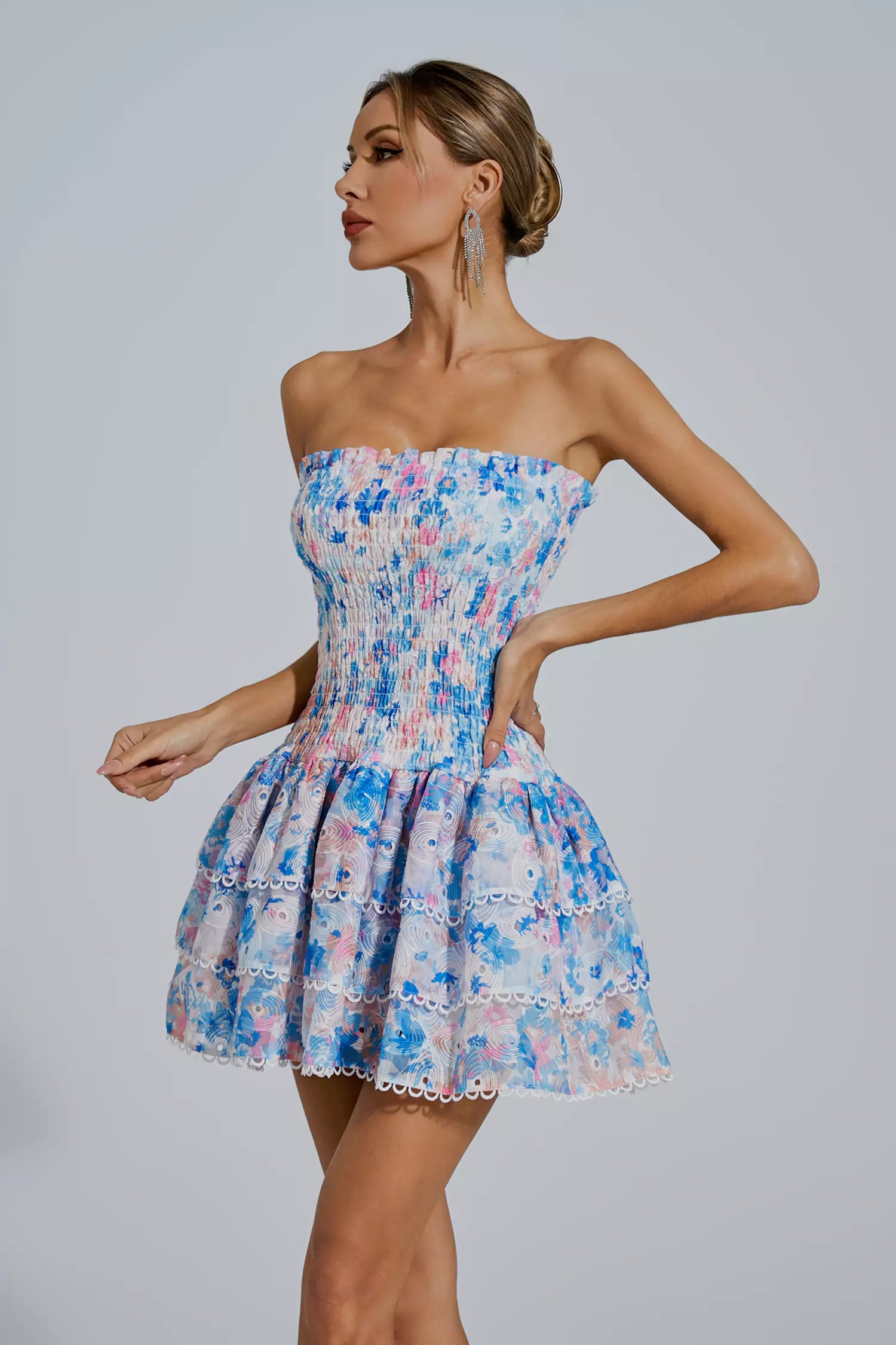 Mercy Blue Floral Ruched Mini Dress