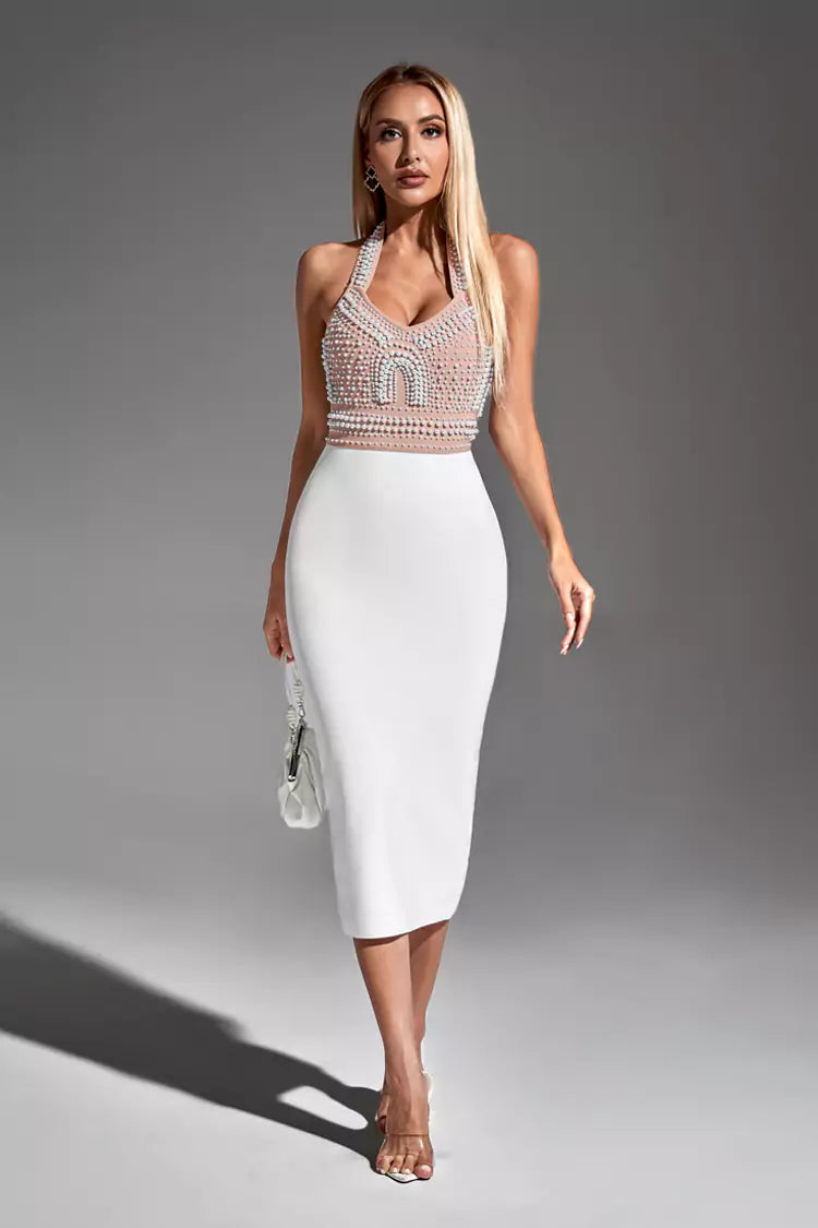 Mia White Pearl Halter Bandage Dress - Catchall