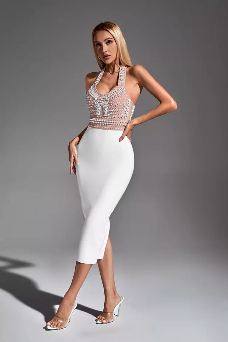 Mia White Pearl Halter Bandage Dress - Catchall