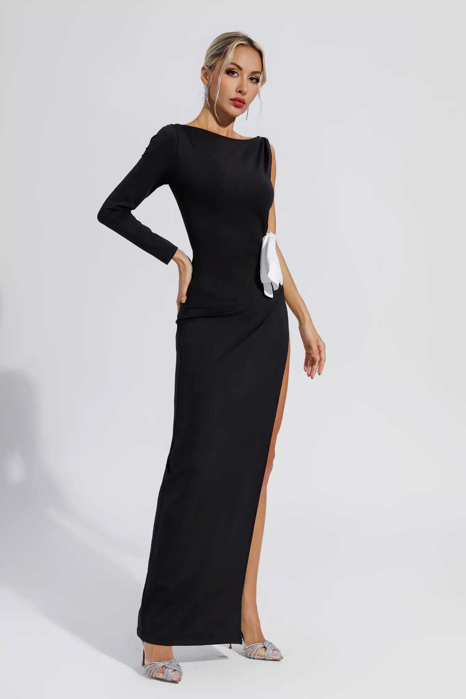 Michaela Black One Shoulder Bow Maxi Dress