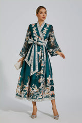 Miley Green Floral Belted Long Sleeve Dress