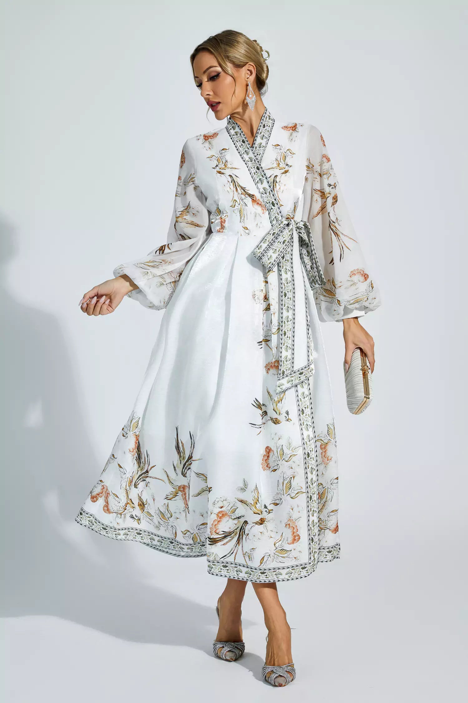 Miley White Floral Belted Long Sleeve Dress