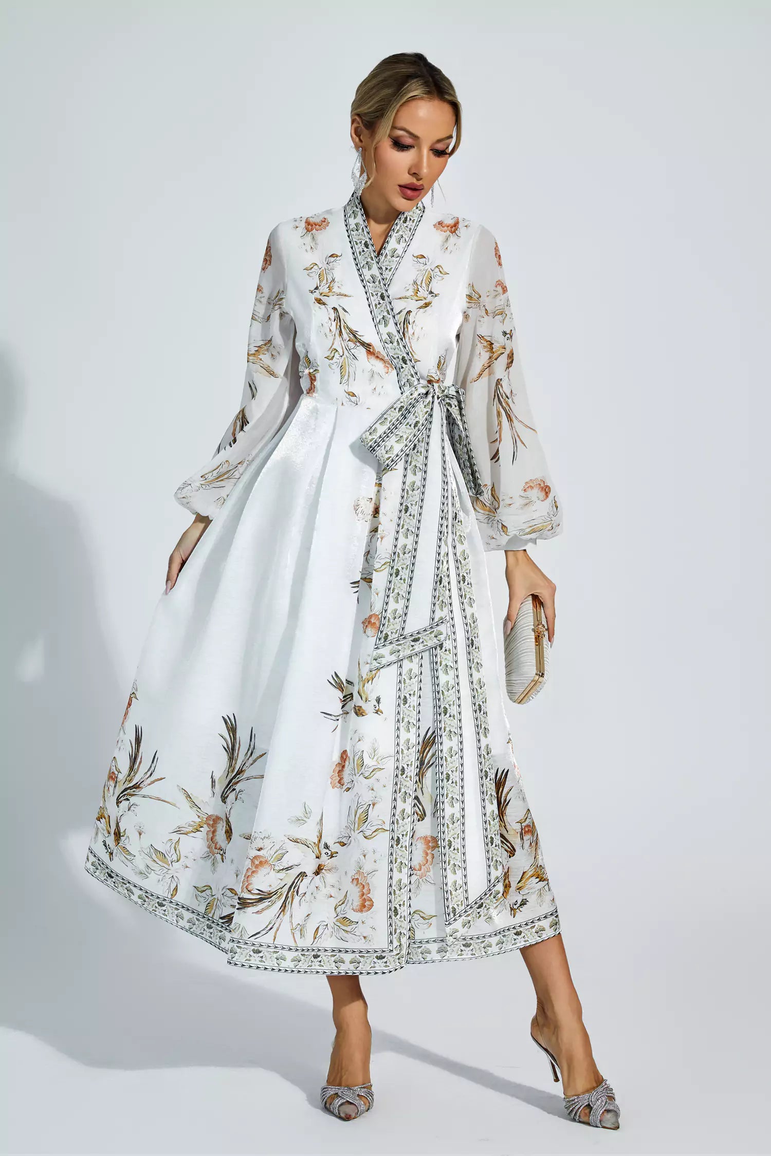 Miley White Floral Belted Long Sleeve Dress