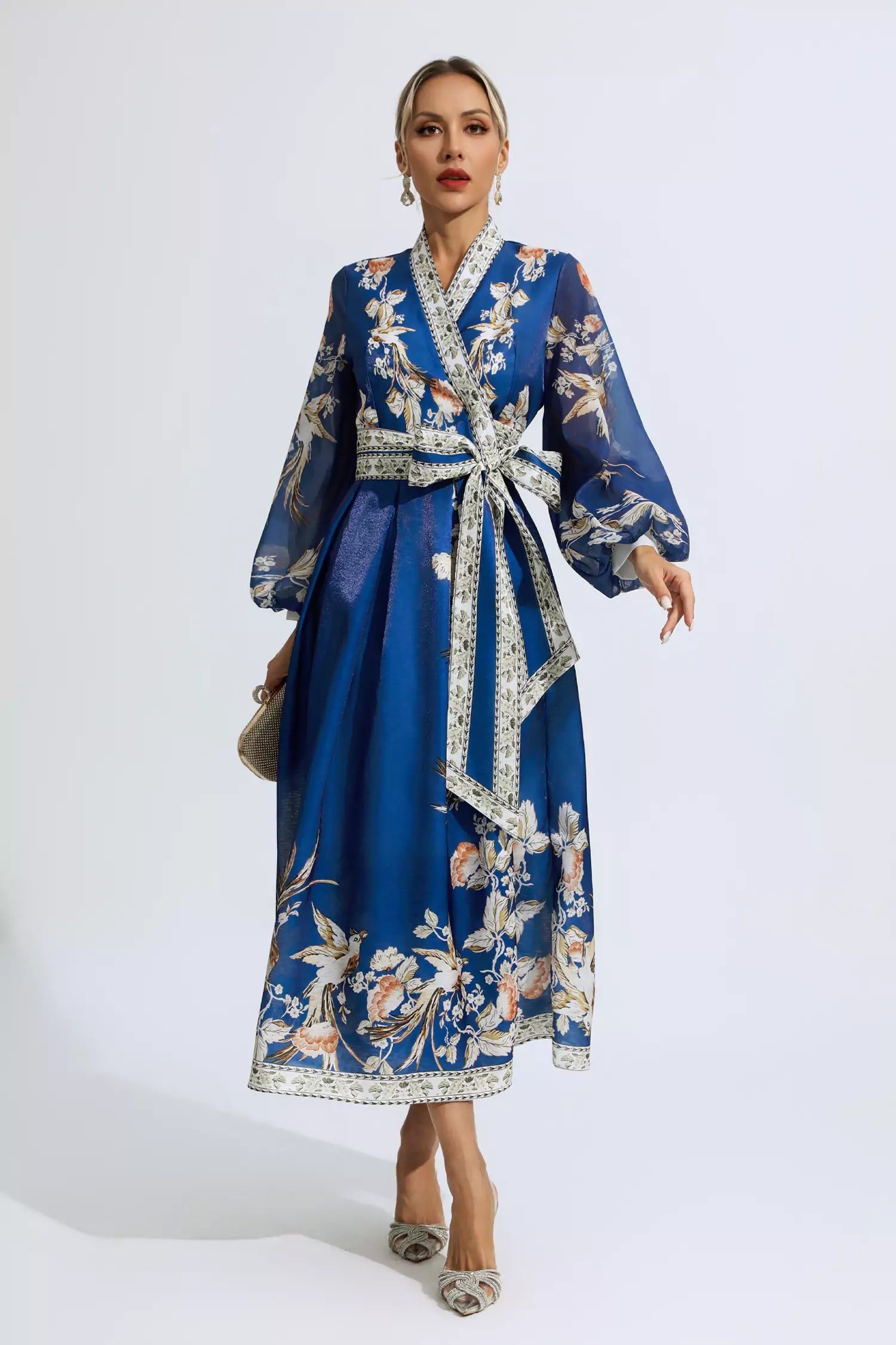 Miley Blue Floral Belted Long Sleeve Dress