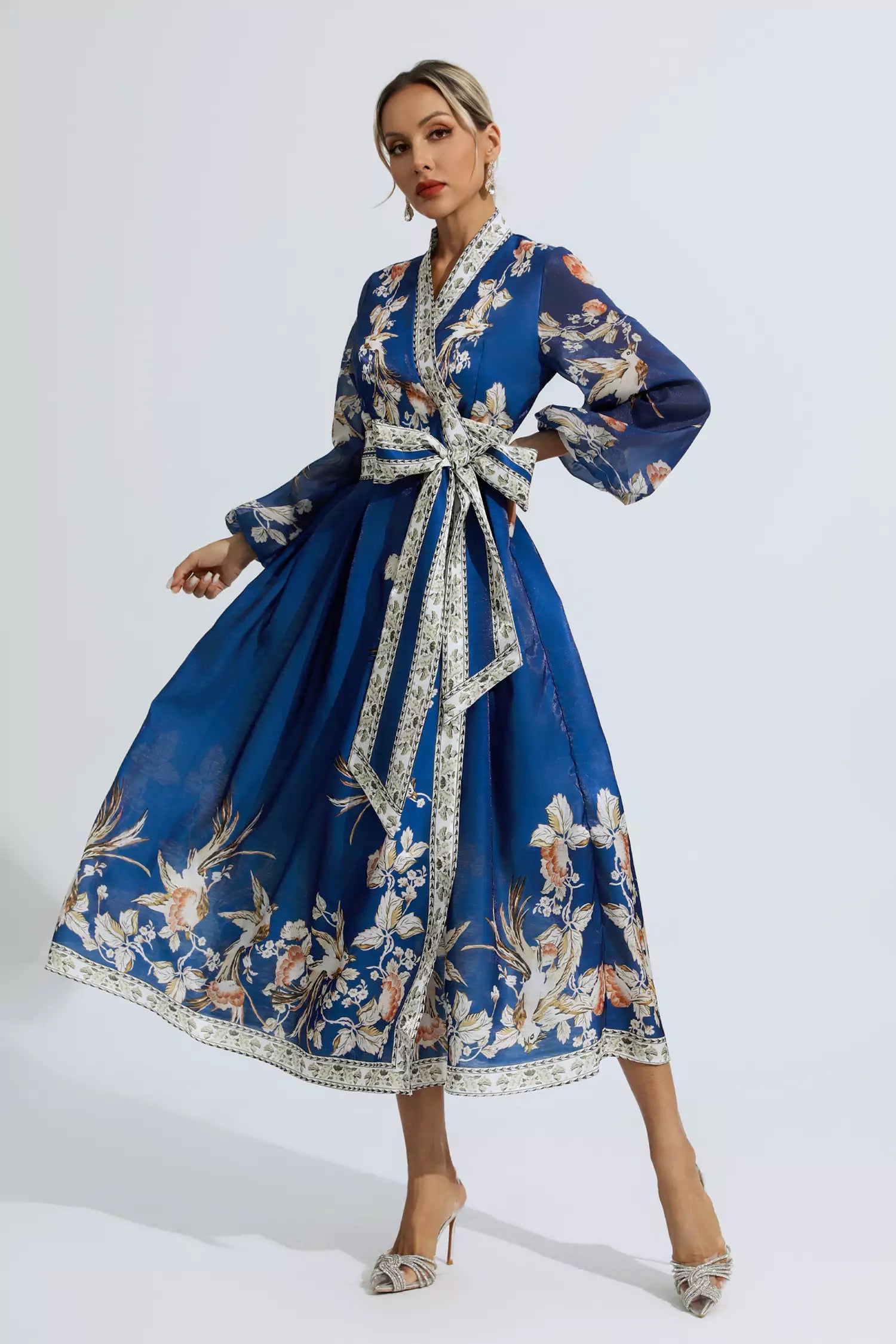 Miley Blue Floral Belted Long Sleeve Dress