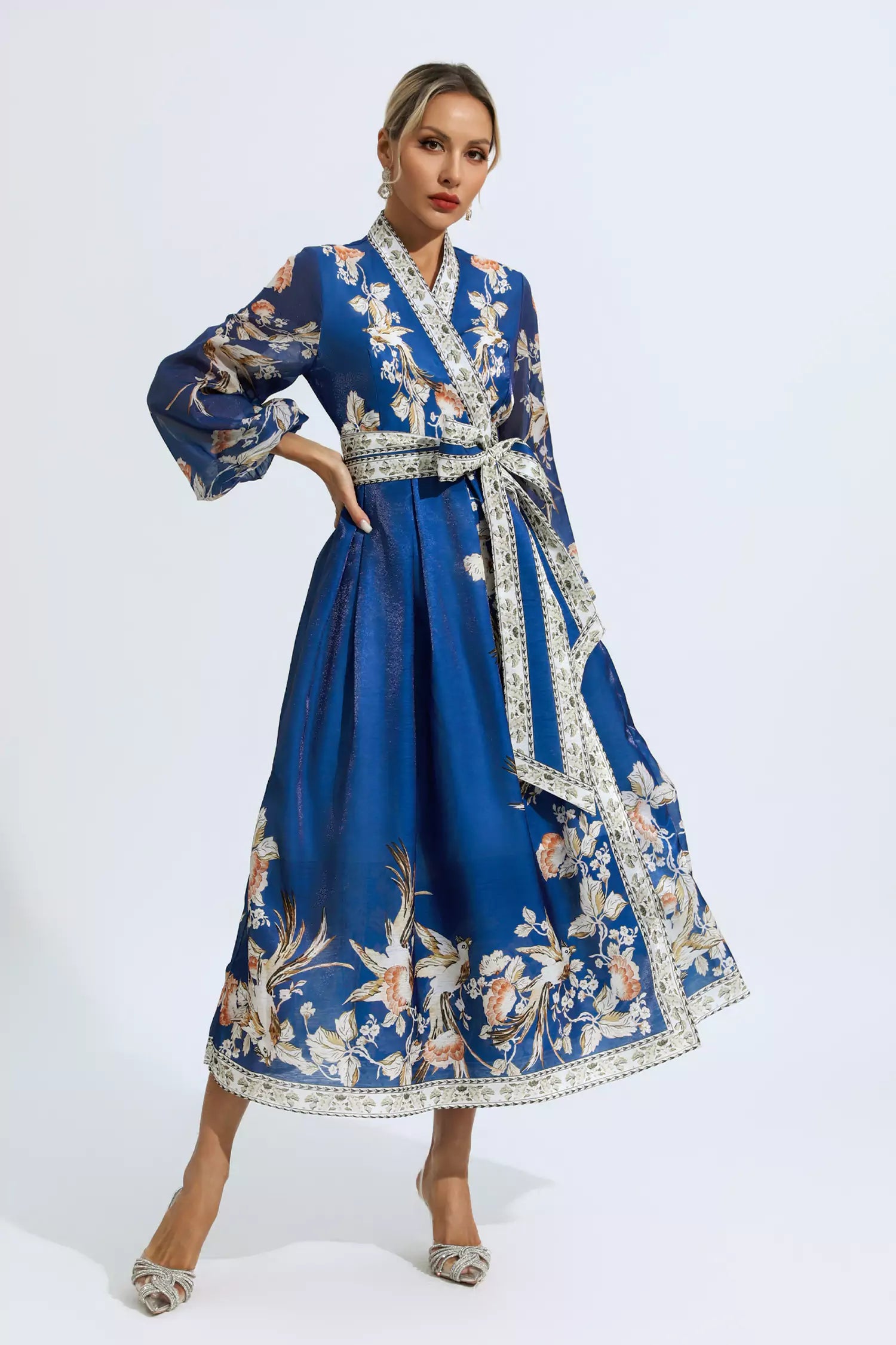 Miley Blue Floral Belted Long Sleeve Dress