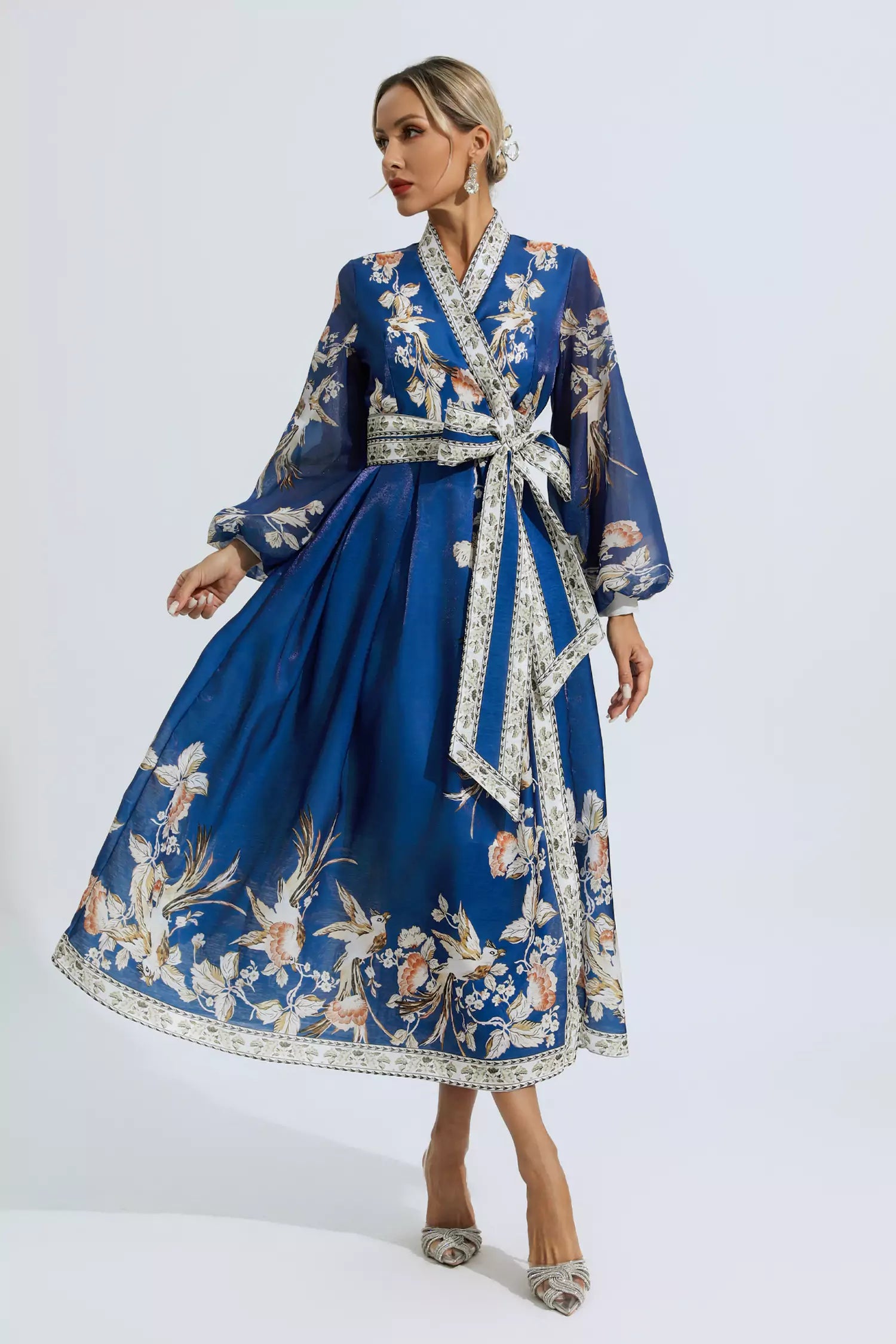 Miley Blue Floral Belted Long Sleeve Dress