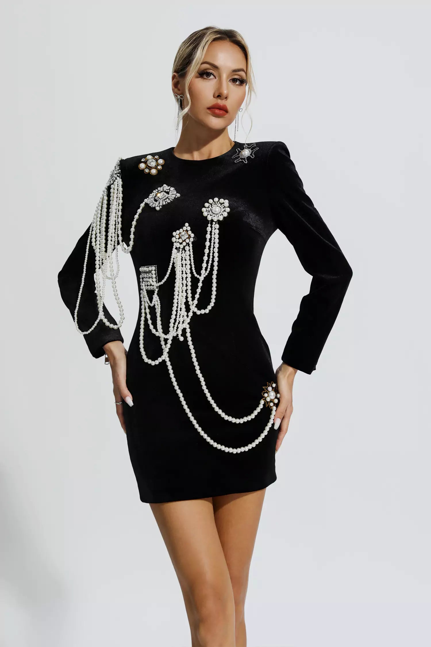 Mylah Black Pearl Embellished Velvet Dress