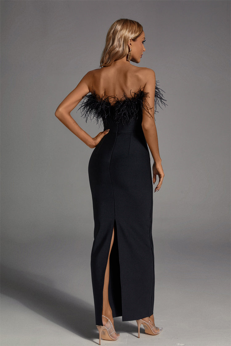 Naomi Black Feather Tassel Maxi Dress