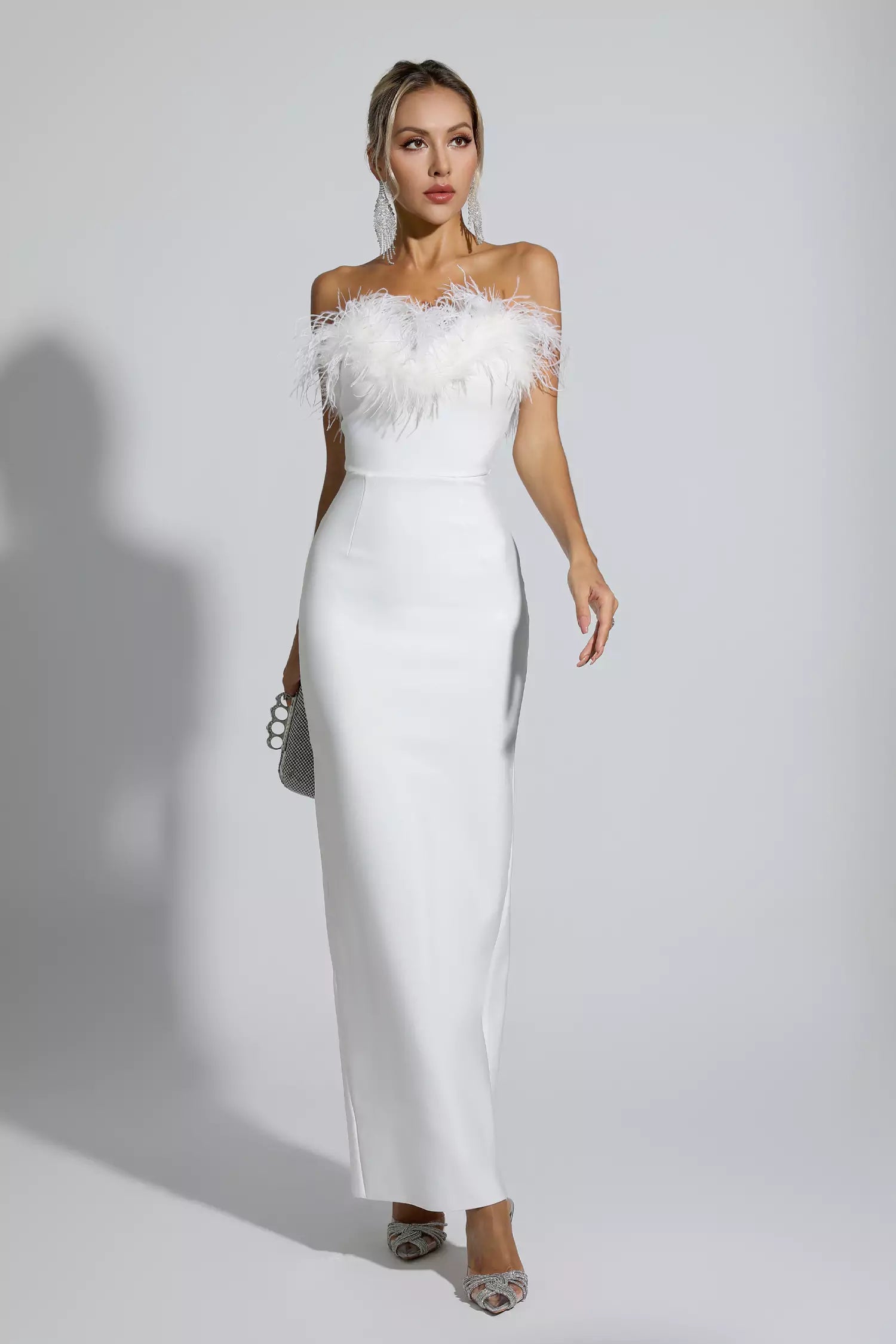 Naomi White Feather Tassel Maxi Dress