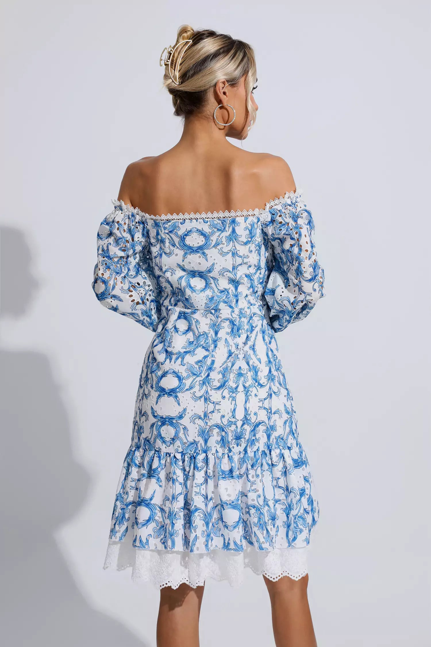 Navy Blue Floral Off Shoulder Dress