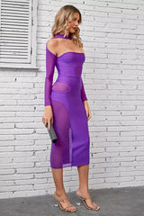 Noa Purple Mesh Bandage Midi Dress