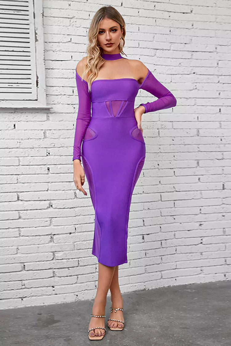 Noa Purple Mesh Bandage Midi Dress