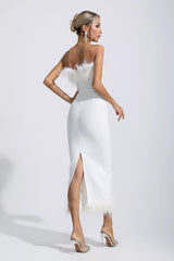 Noelle White Feather Off Shoulder Maxi Dress