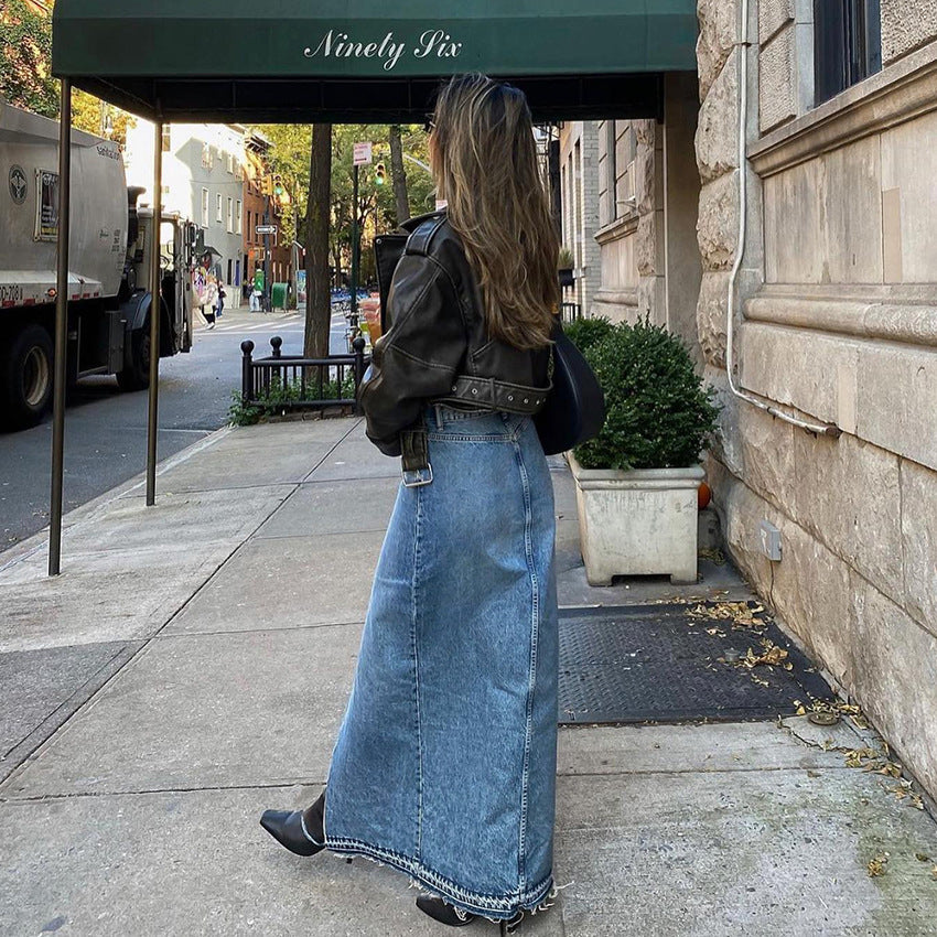 High-Waisted Denim Skirt with Front Slit