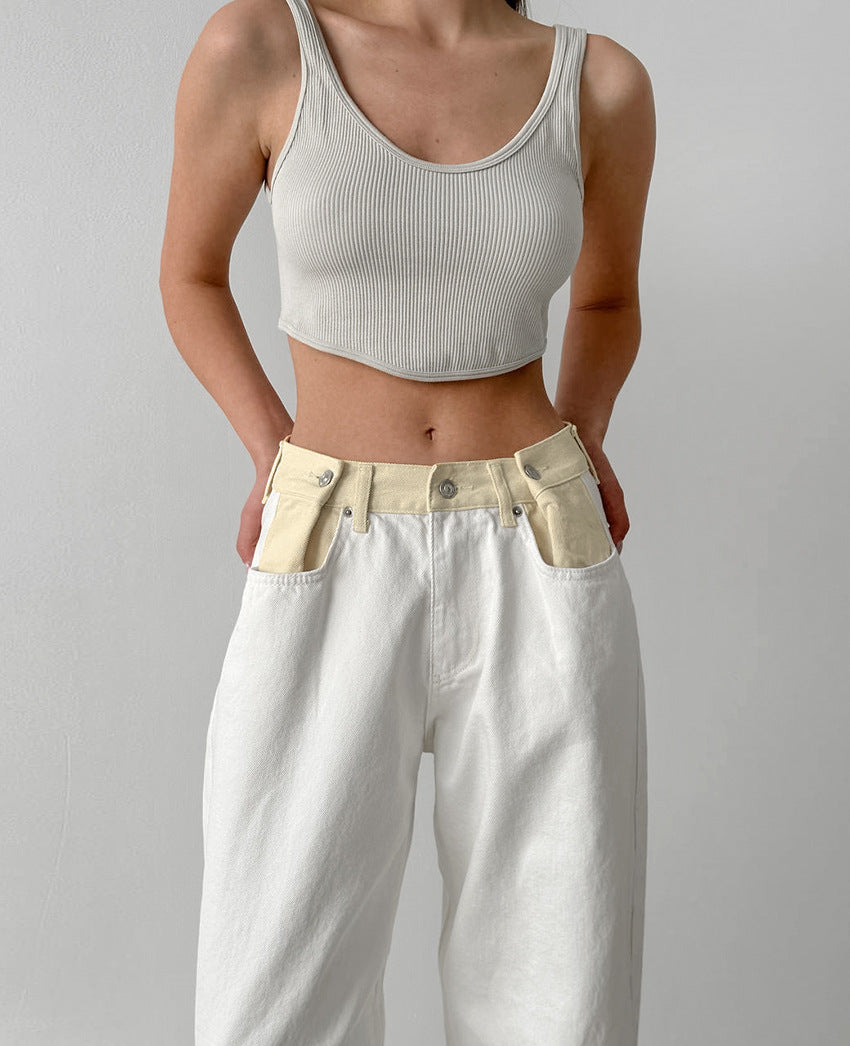 Contrast Color Straight Pants With Pockets