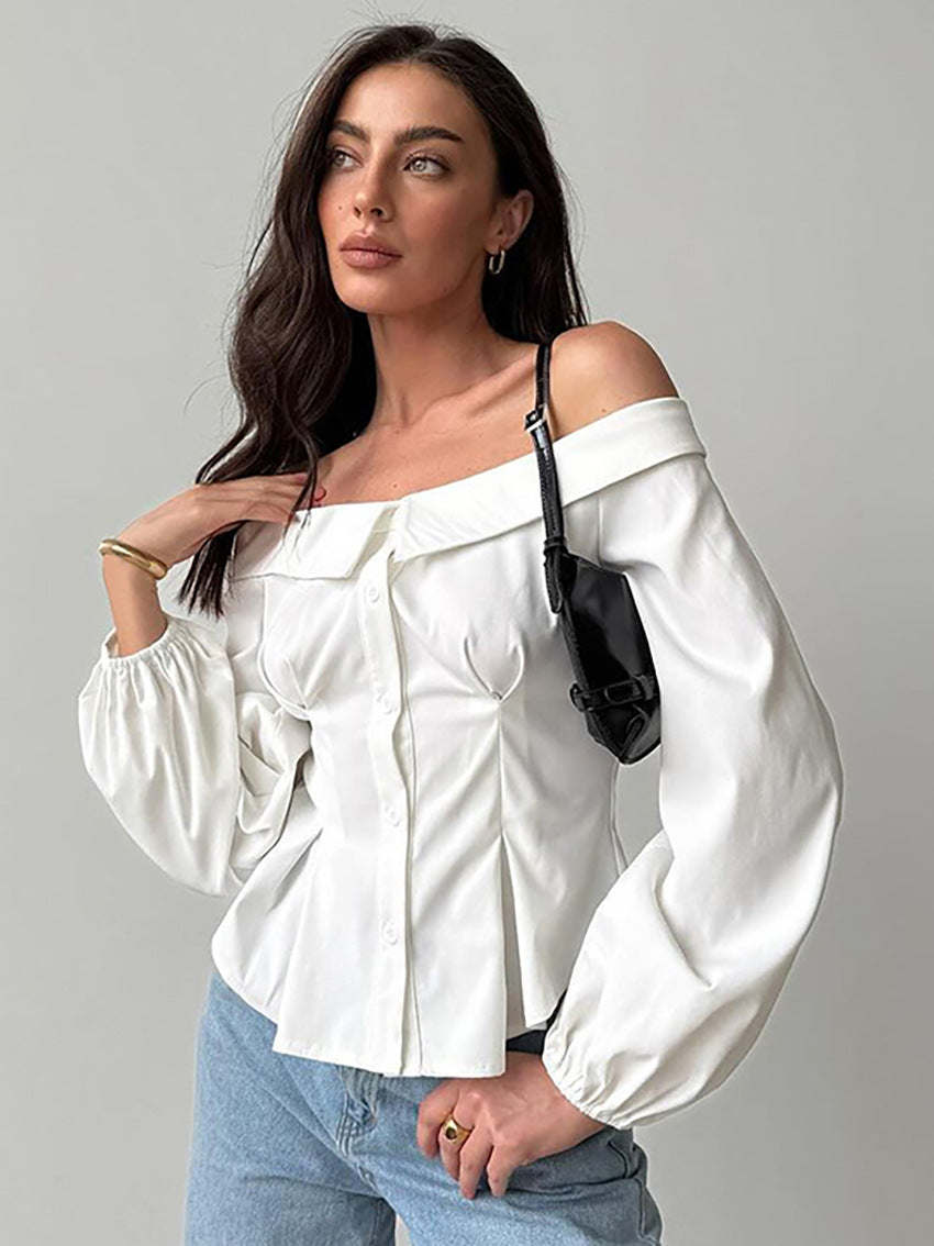 White Button-up Off-shoulder Top