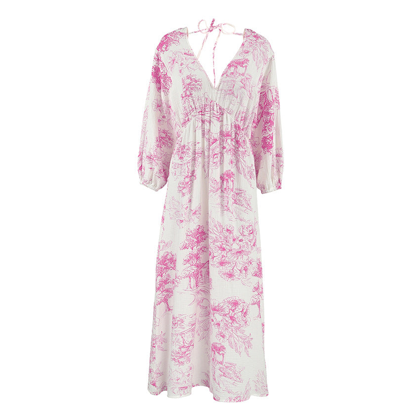 Lantern Sleeve V-Neck Printed Lace-Up Maxi Dress