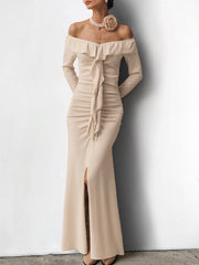 Khaki Velvet Sheath Fishtail Long Dress