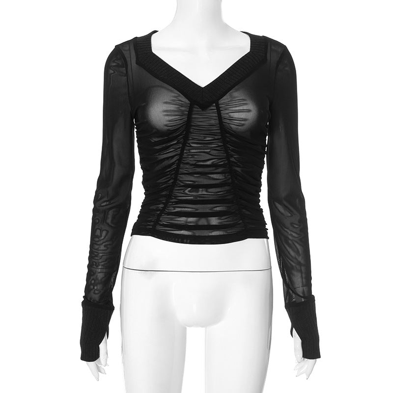 Ruched Sheer V Neck Long Sleeve Tops