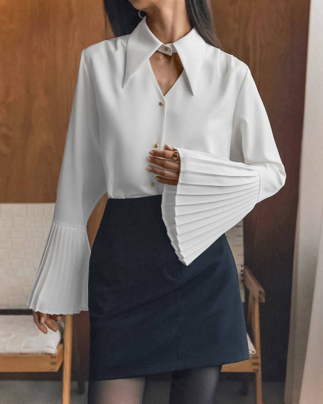 Turndown Collar Cutout Pleated Flare Sleeve Blouse