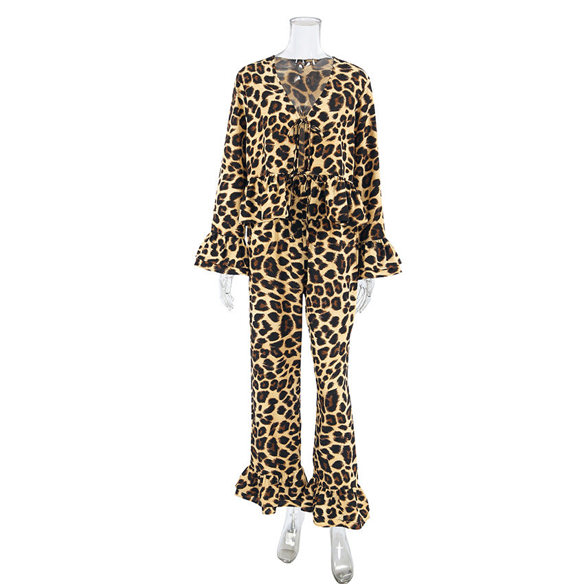 Leopard Print Loose V-neck Tie Top and Elastic Waist Comfort Pants Set