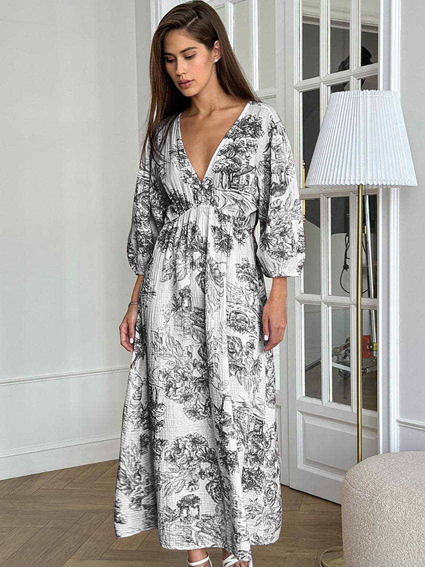 Lantern Sleeve V-Neck Printed Lace-Up Maxi Dress