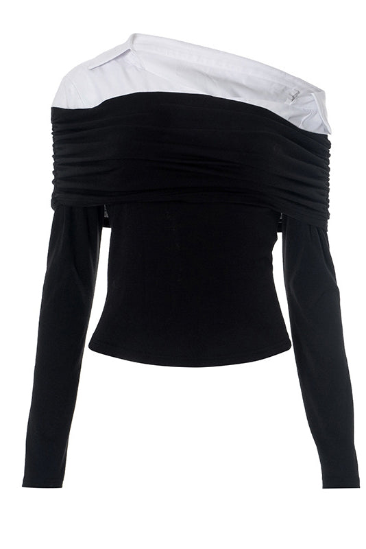 Off-Shoulder Colorblock Long-Sleeved Slim-Fit T-shirt