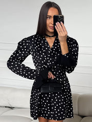 V-Neck Polka Dot Long Sleeve Black Short Dresses