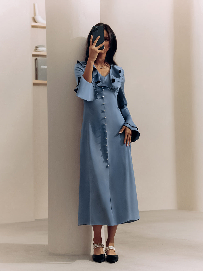 Satin Midi Dress With Flounced Collar And Pearl Buttons