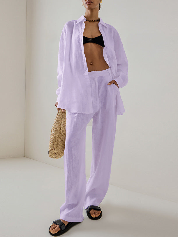 Cotton And Linen Loose Long-Sleeved Trousers Suit