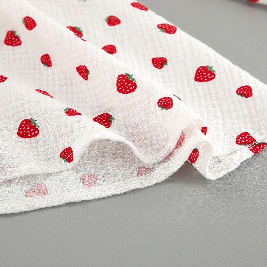 Strawberry Print Puff Sleeve Cotton Dress