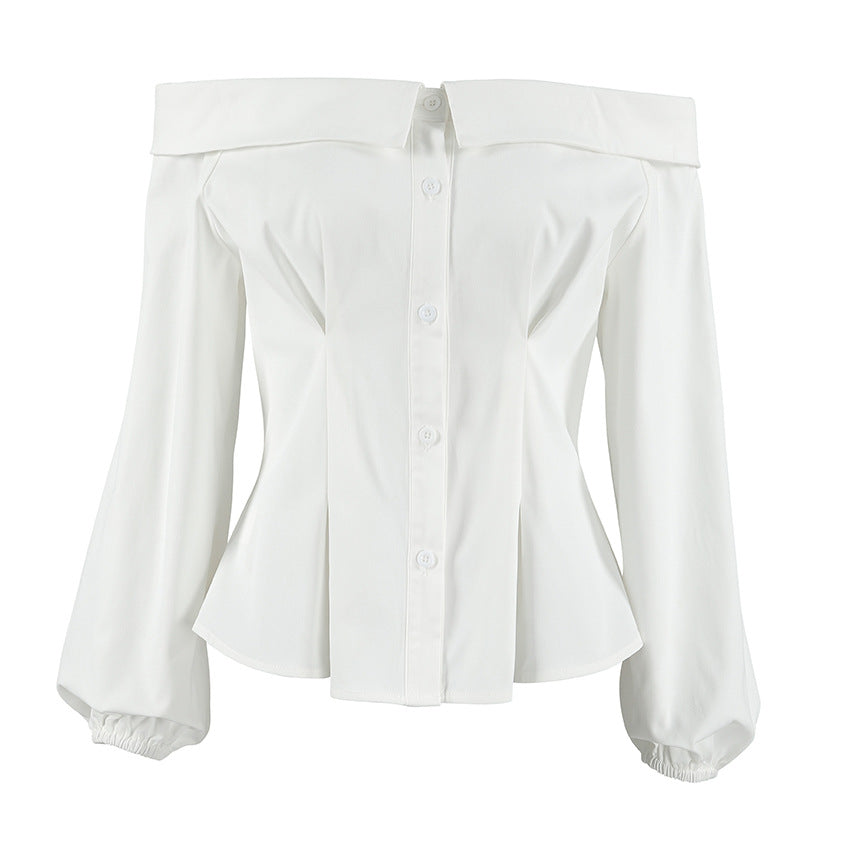 White Button-up Off-shoulder Top