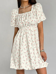 Short-Sleeve Square Neck Floral Print Mini A-Line Dress