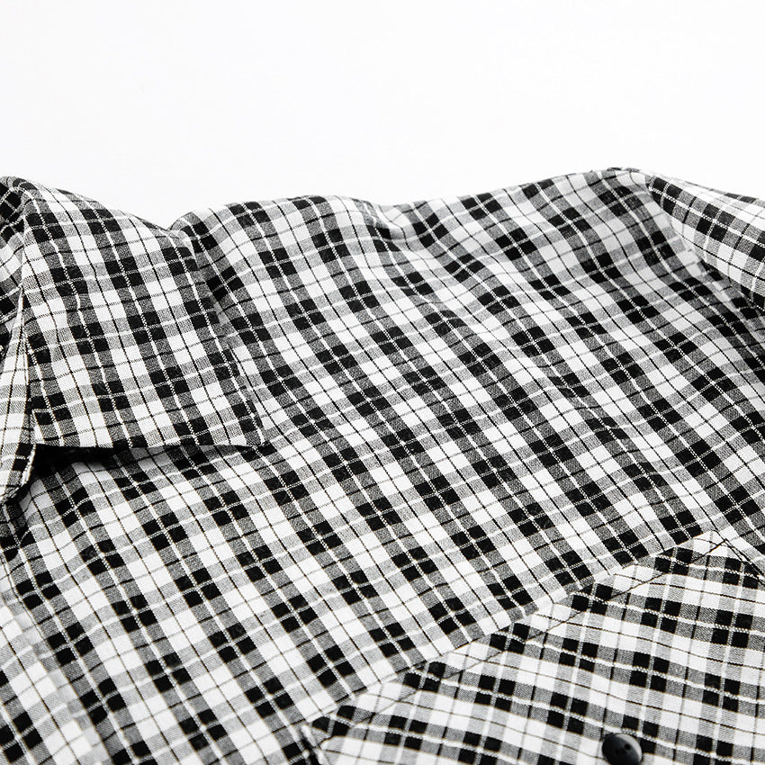 Checked Shirt Collar Pure Cotton Top