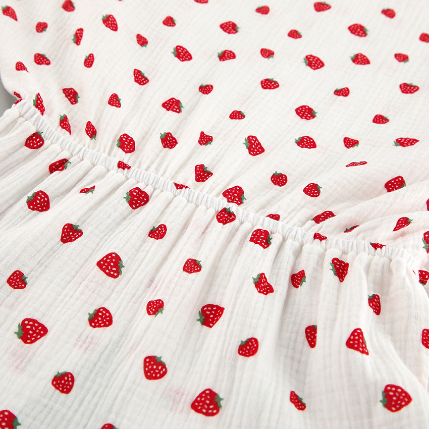 Strawberry Print Puff Sleeve Cotton Dress