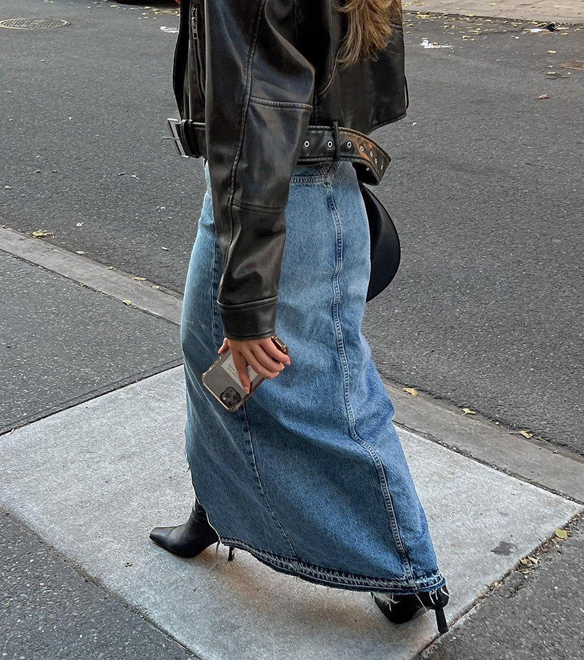 High-Waisted Denim Skirt with Front Slit