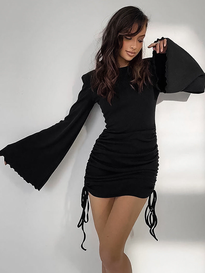 Flare Sleeve Pleated Thermal Lined Dress